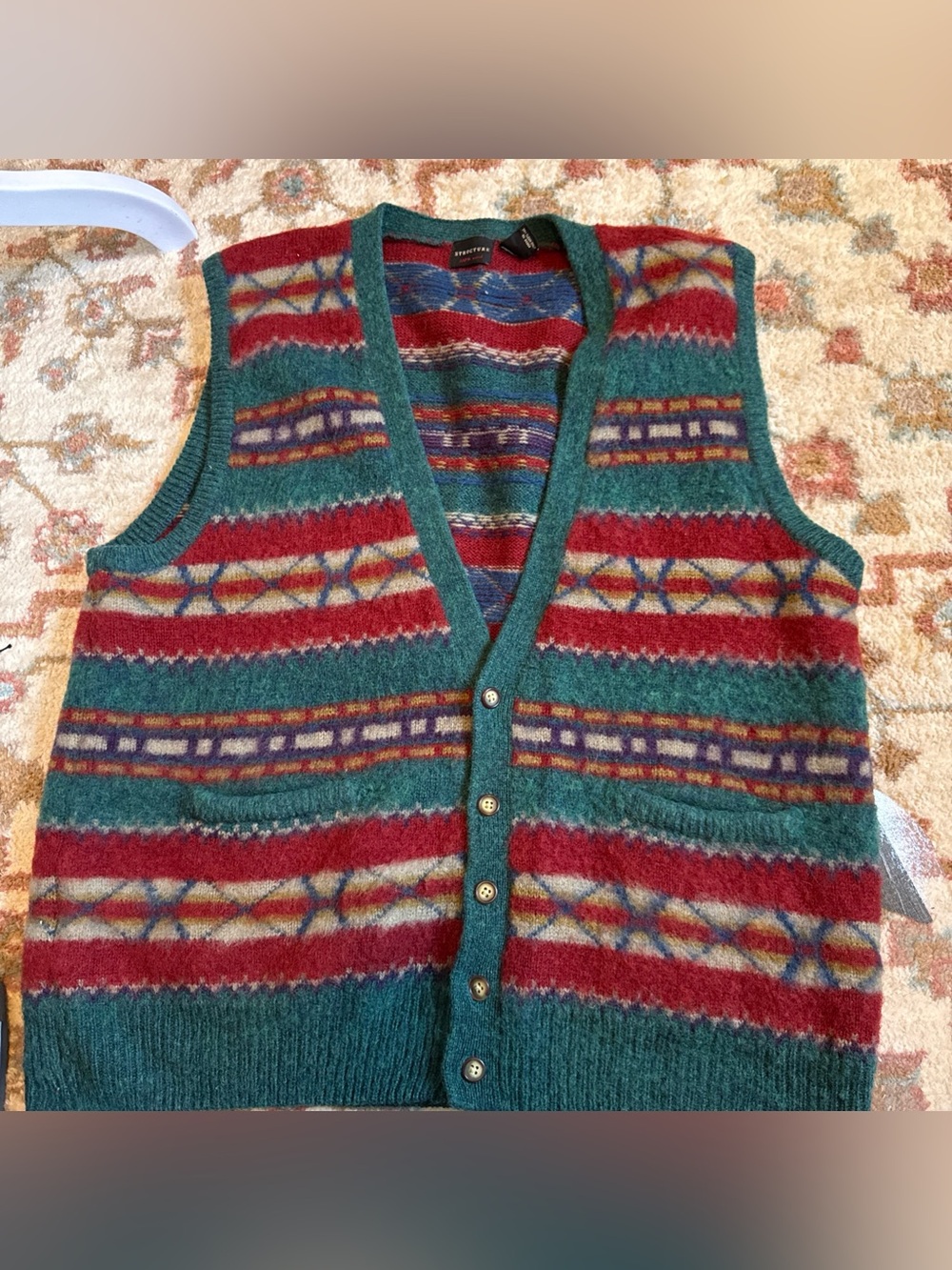 Vintage-Inspired Teal & Red Patterned Knit Vest wool structure vintage sweater